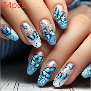 Brand New 24pcs Butterfly & Flower Press On Nails